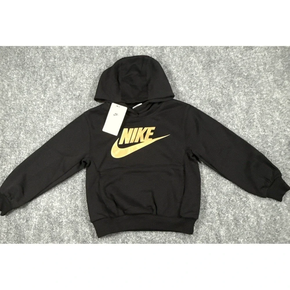 Nike Kids XS 3-4Yrs Sportswear Club Fleece Hoodie Black Metallic Gold Logo NWT